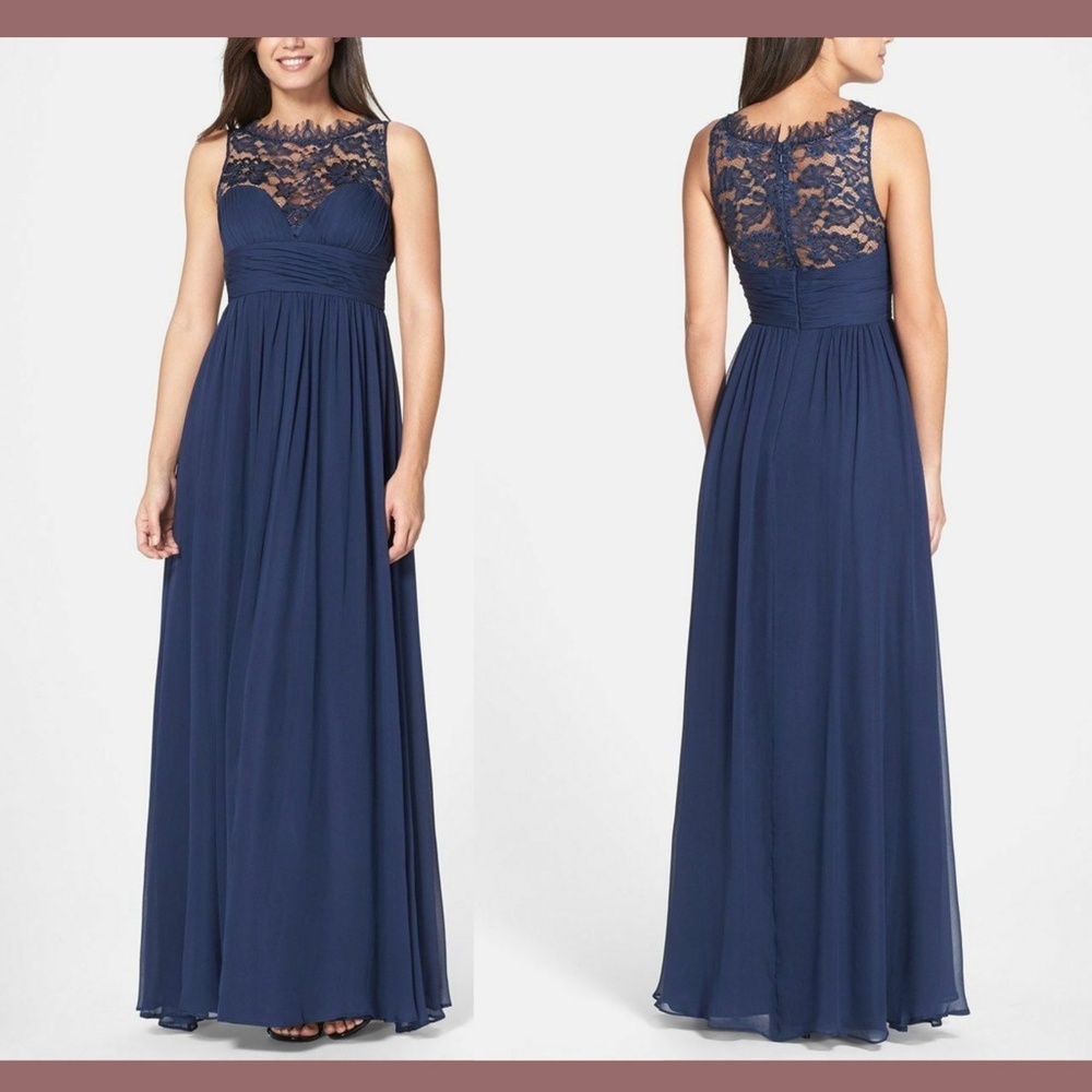 NWT Aidan Mattox Embellished Lace & Silk Chiffon Gown Twilight Blue [‎ SZ 6 ]